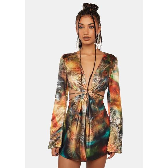 Jaded London Soleil Cut Out Satin Mini Dress Plunge Neck Dark Print Size 10 - Picture 1 of 15